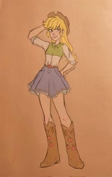 Size: 1296x2048 | Tagged: safe, artist:dariarchangel, imported from derpibooru, applejack, human, equestria girls, arm behind head, boots, clothes, female, human coloration, humanized, shirt, shoes, skirt, solo, traditional art