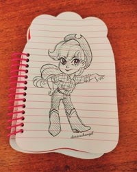 Size: 1640x2048 | Tagged: safe, artist:dariarchangel, imported from derpibooru, applejack, human, boots, chibi, clothes, denim, female, humanized, jeans, lined paper, monochrome, pants, shirt, shoes, sketch, solo, traditional art