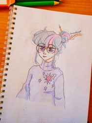 Size: 1536x2048 | Tagged: safe, artist:dariarchangel, imported from derpibooru, twilight sparkle, human, clothes, cutie mark, cutie mark on clothes, female, glasses, hair bun, humanized, pencil, round glasses, solo, sweater, tired, traditional art, turtleneck