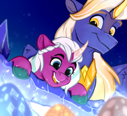 Size: 1200x1091 | Tagged: safe, artist:rutkotka, imported from derpibooru, opaline arcana, oc, alicorn, pony, amazed, brother and sister, colored hooves, curved horn, cute, dragon egg, duo, egg, female, filly, filly opaline arcana, fire alicorn, foal, g5, horn, looking at someone, looking at something, male, opalinebetes, open mouth, open smile, siblings, smiling, stallion, unshorn fetlocks, younger