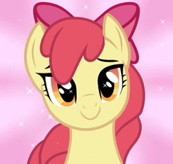 Size: 1461x1387 | Tagged: safe, artist:wolfbreezerose, imported from derpibooru, apple bloom, earth pony, pony, abstract background, alternate hairstyle, female, filly, foal, looking at you, smiling, smiling at you, solo, sparkles