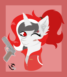 Size: 8320x9548 | Tagged: safe, alternate version, artist:samsailz, imported from derpibooru, oc, oc:red rocket, pony, unicorn, bruised, bust, clothes, commission, cosplay, costume, gun, handgun, horn, jacket, left 4 dead, left 4 dead 2, looking at you, magic, one eye closed, pistol, portrait, smiling, tracksuit, weapon, wink, winking at you