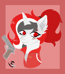 Size: 8320x9548 | Tagged: safe, alternate version, artist:samsailz, imported from derpibooru, oc, oc:red rocket, pony, unicorn, bruised, bust, clothes, commission, cosplay, costume, gun, handgun, horn, jacket, left 4 dead, left 4 dead 2, looking at you, magic, pistol, portrait, smiling, tracksuit, weapon