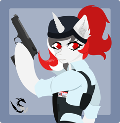Size: 1774x1827 | Tagged: safe, artist:samsailz, imported from derpibooru, oc, oc:red rocket, pony, semi-anthro, unicorn, barney calhoun, bust, clothes, commission, cosplay, costume, gun, half-life, handgun, horn, magic, pistol, portrait, security guard, serious, serious face, solo, vest, weapon