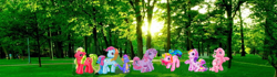Size: 730x203 | Tagged: safe, imported from derpibooru, applejack (g3), fluttershy (g3), master kenbroath gilspotten heathspike, pinkie pie (g3), rainbow dash (g3), rarity (g3), twilight twinkle, pony, g3, g4 to g3, generation leap, irl, mane six, photo, ponies in real life, remake