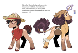 Size: 1312x894 | Tagged: safe, artist:pcktknife, imported from derpibooru, earth pony, pony, unicorn, glowing, glowing horn, hat, hooves, horn, male, monkey d. luffy, one piece, ponified, simple background, stallion, straw hat, usopp, white background