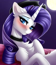 Size: 3429x4000 | Tagged: safe, imported from derpibooru, rarity, pony, unicorn, ai content, ai generated, bedroom eyes, blushing, chest fluff, choker, female, fluffy, generator:pony diffusion v6 xl, generator:stable diffusion, hat, high res, horn, looking at you, lying down, prompter:midnight dashie, shy, solo