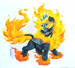 Size: 2048x1850 | Tagged: safe, artist:avui, imported from derpibooru, oc, kirin, nirik, angry, fire, solo, traditional art