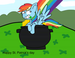 Size: 6500x5000 | Tagged: safe, imported from derpibooru, rainbow dash, pony, clover, female, four leaf clover, holiday, mare, pot of gold, rainbow, saint patrick's day, solo