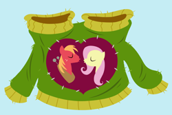 Size: 2160x1440 | Tagged: safe, anonymous artist, imported from derpibooru, big macintosh, fluttershy, earth pony, pegasus, pony, the big mac question, clothes, eyes closed, female, fluttermac, heart, imminent kissing, kissy face, light blue background, male, mare, shipping, simple background, stallion, straight, sweater