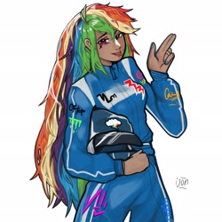 Size: 2048x2048 | Tagged: safe, artist:jonijon_0, imported from derpibooru, rainbow dash, human, :p, alternate hairstyle, clothes, dark skin, ear piercing, earring, female, helmet, humanized, jewelry, jumpsuit, long hair, nail polish, piercing, racing suit, ring, simple background, solo, tattoo, tongue out, white background