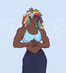 Size: 1850x2048 | Tagged: safe, artist:edasbeast, imported from derpibooru, rainbow dash, human, abs, alternate hairstyle, belly button, blue background, clothes, dark skin, dreadlocks, female, grin, humanized, lip bite, midriff, muscles, muscular female, nose piercing, nose ring, pants, piercing, simple background, smiling, solo, sports bra, sweatpants, underwear, wings