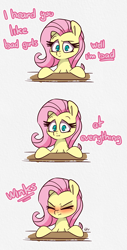 Size: 2016x3976 | Tagged: safe, artist:lou, imported from derpibooru, fluttershy, pegasus, pony, awkward moment, comic, gray background, looking at you, meme, monologue, one eye closed, simple background, talking, talking to viewer, wink, winking at you