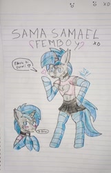 Size: 1884x2924 | Tagged: safe, artist:tex341, imported from derpibooru, oc, oc:sama, pony, unicorn, bipedal, clothes, crossdressing, cute, femboy, horn, male, traditional art