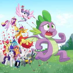 Size: 1225x1225 | Tagged: safe, artist:riouku, imported from ponybooru, apple bloom, gabby, princess cadance, princess ember, princess flurry heart, rarity, scootaloo, smolder, spike, sweetie belle, alicorn, dragon, earth pony, griffon, pony, unicorn, arrow, baby, baby pony, bow, bow (weapon), box of chocolates, clothes, crusadespike, cupid, cutie mark, cutie mark crusaders, emberspike, female, flurryspike, flying, foal, hair bow, happy, heart, heart arrow, hearts and hooves day, holiday, in love, infidelity, magic, male, mare, scootaspike, shipping, spabby, sparity, spike gets all the fillies, spike gets all the mares, spikebelle, spikebloom, spikedance, spolder, straight, the cmc's cutie marks, tuxedo, valentine's day, winged spike