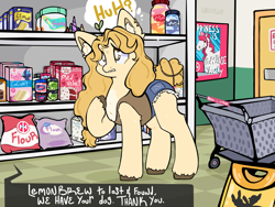 Size: 1400x1050 | Tagged: safe, artist:ghostyglue, imported from derpibooru, oc, oc:lemonbrew, earth pony, pony, chat bubble, clothes, commission, confused, daisy dukes, ear piercing, earth pony oc, female, flour, hazel eyes, hmart, mare, piercing, shopping, shopping aisle, shopping cart, shorts, solo, sprout, tanktop, thought bubble, unshorn fetlocks, wet floor sign, ych result, yellow fur