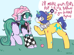 Size: 1400x1050 | Tagged: safe, artist:ghostyglue, imported from derpibooru, oc, oc:wildcard, unnamed oc, earth pony, pony, unicorn, bandaid, blue hair, clown, clown makeup, clown nose, cutie mark, earth pony oc, female, frightened, grass, grass field, hat, horn, magic, mare, mask, party hat, purple fur, red nose, teal hair, threat, threatening, unicorn oc, yellow fur