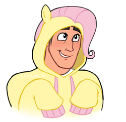 Size: 818x794 | Tagged: safe, artist:zeffdakilla, imported from derpibooru, part of a set, fluttershy, human, bust, clothes, fluttershy hoodie, hoodie, looking up, medic, pony hoodie, raised arm, simple background, smiling, solo, team fortress 2, white background