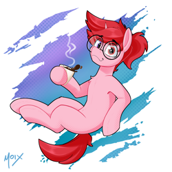 Size: 4000x4000 | Tagged: safe, artist:supermoix, imported from derpibooru, oc, oc:basura, pony, unicorn, belly, coffee, coffee mug, cute, floating, glasses, heterochromia, horn, looking at you, mug, red eyes, red hair, redhead, simple background, smiling, solo, vapor