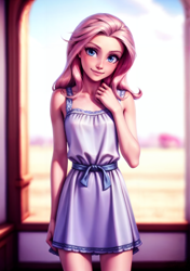 Size: 2112x3008 | Tagged: safe, imported from derpibooru, fluttershy, human, ai content, ai generated, blue eyes, blushing, clothes, dress, female, generator:stable diffusion, humanized, looking at you, prompter:regardedm8, solo, standing, teenager