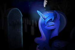 Size: 2296x1528 | Tagged: safe, artist:adastra, imported from derpibooru, princess luna, alicorn, pony, equestria at war mod, dark, eyes closed, glowing, glowing horn, gravestone, horn, night, solo