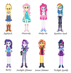 Size: 1872x1920 | Tagged: safe, artist:brokenadam, imported from derpibooru, applejack, fluttershy, pinkie pie, rainbow dash, rarity, sci-twi, starlight glimmer, sunset shimmer, twilight sparkle, human, equestria girls, equestria girls series, clothes, converse, female, humane five, humane seven, humane six, monotype corsiva font, pantyhose, rarity peplum dress, shoes, simple background, skirt, white background