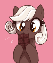 Size: 1830x2200 | Tagged: safe, artist:t72b, imported from derpibooru, oc, earth pony, pony, chocolate, cute, eating, female, food, hoof hold, mare, nom, pink background, simple background, solo