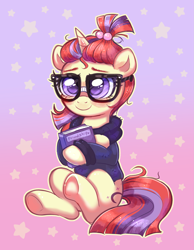 Size: 2735x3533 | Tagged: safe, artist:confetticakez, imported from derpibooru, moondancer, pony, unicorn, abstract background, book, clothes, colored eyebrows, cute, dancerbetes, eyebrows, female, glasses, gradient background, high res, hoodie, horn, looking at you, mare, meganekko, pumkinroll is trying to murder us, sitting, smiling, smiling at you, solo, stars, underhoof