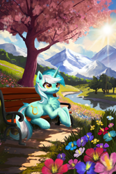 Size: 3600x5400 | Tagged: safe, artist:allegrenix, imported from derpibooru, lyra heartstrings, pony, unicorn, absurd resolution, bench, chest fluff, crepuscular rays, female, flower, forest, grass, grass field, horn, mare, mountain, nature, outdoors, river, scenery, sitting, smiling, solo, sun, tree, water