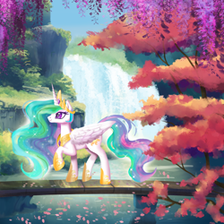 Size: 1800x1800 | Tagged: safe, artist:allegrenix, imported from derpibooru, princess celestia, alicorn, pony, bridge, crown, ethereal mane, ethereal tail, falling leaves, female, flowing mane, flowing tail, folded wings, grass, hoof shoes, horn, jewelry, lake, leaves, mare, nature, outdoors, peytral, princess shoes, profile, raised hoof, regalia, scenery, scenery porn, smiling, solo, sparkles, tail, tree, water, waterfall, wings