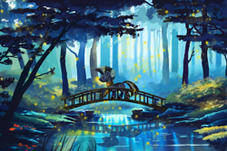 Size: 2700x1800 | Tagged: safe, artist:allegrenix, imported from derpibooru, zecora, firefly (insect), insect, zebra, bridge, everfree forest, female, forest, high res, nature, outdoors, profile, reflection, river, scenery, side view, solo, tree, water