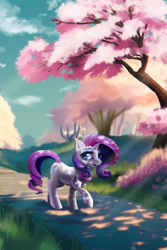 Size: 1800x2700 | Tagged: safe, artist:allegrenix, imported from derpibooru, rarity, pony, unicorn, cloud, dappled sunlight, female, grass, high res, horn, mare, nature, outdoors, pavement, raised hoof, scenery, sky, solo, tree, walking