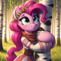 Size: 1024x1024 | Tagged: safe, imported from derpibooru, pinkie pie, anthro, ai content, ai generated, birch tree, forest, hug, nature, slavic, solo, tree