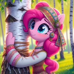 Size: 1024x1024 | Tagged: safe, imported from derpibooru, pinkie pie, anthro, ai content, ai generated, birch tree, forest, hug, nature, slavic, solo, tree