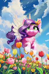 Size: 3600x5400 | Tagged: safe, artist:allegrenix, imported from derpibooru, pipp petals, pegasus, pony, absurd resolution, adorapipp, chest fluff, cloud, coat markings, colored eyebrows, colored hooves, colored wings, cute, diadem, ear fluff, eyebrows, female, flower, flower field, flying, g5, gold hooves, heart, heart eyes, hooves, jewelry, leg fluff, looking at you, mare, meadow, outdoors, regalia, sky, smiling, smiling at you, socks (coat markings), solo, spread wings, tulip, unshorn fetlocks, white wings, wingding eyes, wings