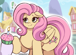 Size: 2303x1669 | Tagged: safe, artist:artmorheart, imported from derpibooru, fluttershy, pegasus, pony, adorasexy, background, birthday, cake, cute, food, offscreen character, sexy, smiling, wings