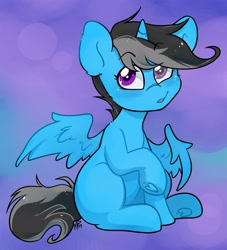 Size: 3500x3861 | Tagged: safe, artist:midnightpremiere, imported from derpibooru, oc, oc only, alicorn, pony, abstract background, alicorn oc, blank flank, commission, eyebrows, eyebrows visible through hair, frog (hoof), horn, one wing out, sitting, solo, underhoof, wings