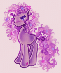 Size: 894x1070 | Tagged: safe, artist:onionpwder, imported from derpibooru, wysteria, earth pony, pony, blushing, colored eyelashes, colored pinnae, curly mane, curly tail, eyelashes, female, flower, flower in hair, flower in tail, g3, heart, heart mark, long mane, long tail, mare, multicolored mane, multicolored tail, pink background, purple coat, purple eyes, signature, simple background, smiling, solo, standing, tail, tall, wingding eyes