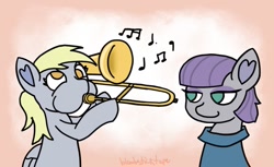 Size: 1249x762 | Tagged: safe, artist:bloodysticktape, imported from derpibooru, derpy hooves, maud pie, holiday, music, trombone, valentine's day