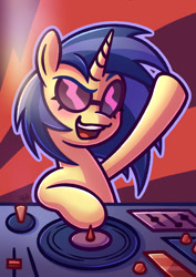 Size: 1240x1748 | Tagged: safe, artist:doozoo, imported from derpibooru, dj pon-3, vinyl scratch, pony, unicorn, abstract background, blushing, color palette challenge, female, glasses, hoof in air, horn, limited palette, mare, open mouth, open smile, signature, smiling, solo, turntable, vinyl's glasses