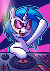 Size: 1240x1748 | Tagged: safe, alternate version, artist:doozoo, imported from derpibooru, dj pon-3, vinyl scratch, pony, unicorn, abstract background, blushing, female, glasses, hoof in air, horn, mare, open mouth, open smile, signature, smiling, solo, turntable, vinyl's glasses