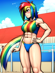 Size: 768x1024 | Tagged: safe, imported from derpibooru, rainbow dash, human, abs, ai content, ai generated, big breasts, bikini, breasts, busty rainbow dash, clothes, female, generator:pixai.art, generator:stable diffusion, humanized, long hair, muscles, muscular female, prompter:anonymous, rainbuff dash, solo, sports, sweat, swimsuit, tail, tailed humanization, tankini, tomboy, volleyball, volleyball net