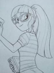 Size: 3072x4096 | Tagged: safe, artist:public mistake, imported from derpibooru, sci-twi, twilight sparkle, human, equestria girls, blushing, book, female, grayscale, looking at you, looking back, monochrome, pencil drawing, smiling, smiling at you, solo, traditional art, wip