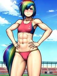 Size: 768x1024 | Tagged: safe, imported from derpibooru, rainbow dash, human, abs, ai content, ai generated, bikini, breasts, clothes, colored, delicious flat chest, female, generator:pixai.art, generator:stable diffusion, humanized, muscles, muscular female, prompter:anonymous, race track, rainbow flat, rainbuff dash, small breasts, solo, sports, stadium, sweat, swimsuit, tail, tailed humanization, tankini, tomboy