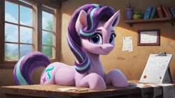 Size: 1920x1080 | Tagged: safe, imported from derpibooru, starlight glimmer, pony, unicorn, ai content, ai generated, generator:pony diffusion v6 xl, generator:stable diffusion, high res, horn, looking at you, office, prompter:truekry, smiling, smiling at you, wallpaper