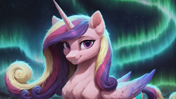 Size: 2560x1440 | Tagged: safe, imported from derpibooru, princess cadance, alicorn, pony, ai content, ai generated, aurora borealis, colored wings, generator:pony diffusion v6 xl, generator:stable diffusion, gradient wings, high res, lacrimal caruncle, looking at you, prompter:truekry, smiling, smiling at you, wallpaper, wings