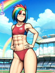 Size: 768x1024 | Tagged: safe, imported from derpibooru, rainbow dash, human, abs, ai content, ai generated, bikini, breasts, clothes, colored, delicious flat chest, female, generator:novelai, generator:pixai.art, generator:stable diffusion, humanized, muscles, muscular female, prompter:anonymous, race track, rainbow flat, rainbuff dash, small breasts, solo, sports, stadium, sweat, swimsuit, tankini, tomboy