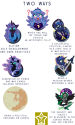 Size: 750x1250 | Tagged: safe, artist:devorierdeos, imported from derpibooru, nightmare moon, princess luna, oc, oc:nightseer, alicorn, fallout equestria, female, filly, joke, meme, moon, prime minister luna, question mark, saint luna, text, woona, younger