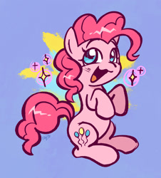 Size: 1734x1921 | Tagged: safe, artist:doozoo, imported from derpibooru, pinkie pie, earth pony, pony, :3, blue background, cute, diapinkes, female, happy, mare, open mouth, open smile, raised hooves, signature, simple background, smiling, solo, sparkles