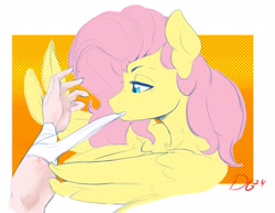 Size: 2472x1905 | Tagged: safe, artist:thelunarmoon, imported from derpibooru, fluttershy, human, pegasus, pony, bandage, colored sketch, disembodied hand, female, hand, mare, mouth hold, offscreen character, sketch, solo focus